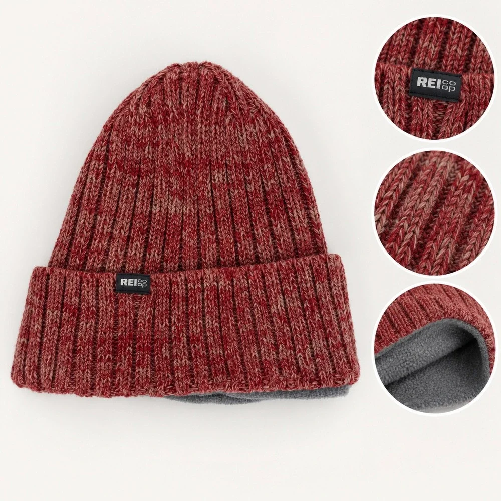 REI Co-op Kids Beanie Red Marled Ribbed Knit Fleece Lined One Size Winter Hat